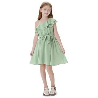YI One-Shoulder-Kleid Mädchen Grün Eine-Schulter Kleid,A-Linien Prinzessin Sommerkleid 5-6Y
