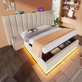 stilvora Polsterbett Stauraumbett 180×200cm Doppelbett mit App Control LED und USB-C Ladefunktion,Bettgestell mit Lattenrost,Leine,Beige(ohne Matr... - Beige