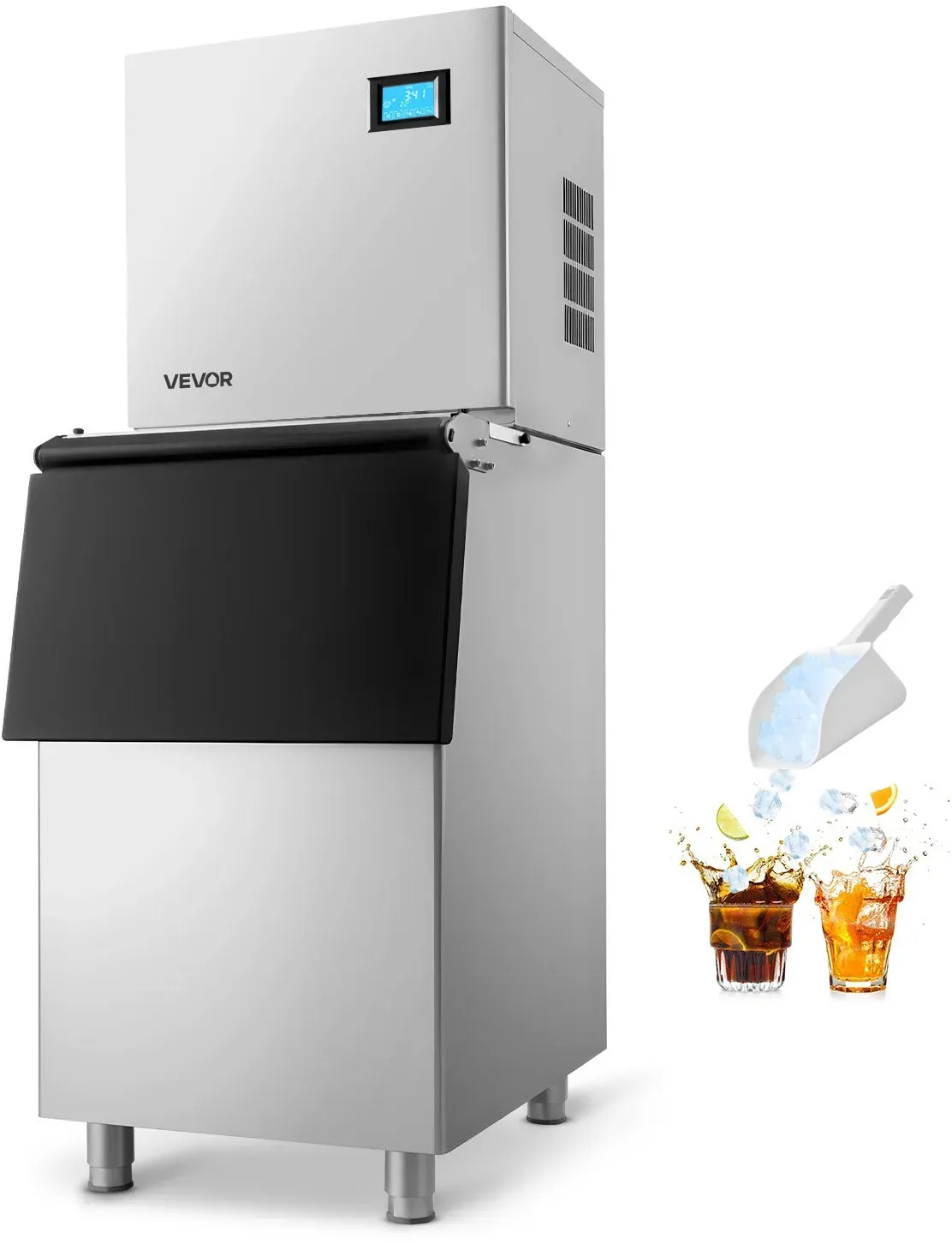 VEVOR Gewerbliche Eismaschine Prozessorkopf 163 kg/Tag Edelstahl, mit Selbstreinigung & Touchscreen, Eiswürfelbehälter mit 113 kg Kapazität, Ideal für Restaurants Bars Cafés Hotels