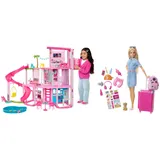 BARBIE - Traumvilla, Poolparty Puppenhaus mit mehr als 75 Teilen und Rutsche über 3 Etagen & Puppe Barbie Dream House Adventures, Reise-Barbie mit blonden Haaren