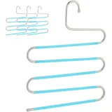 Relaxdays Mehrfach Hosenbügel, 4er Set, S-Form, 5 Stangen, rutschfest, platzsparende Multibügel, Metall, silber/hellblau