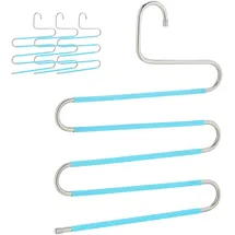 Relaxdays Mehrfach Hosenbügel, 4er Set, S-Form, 5 Stangen, rutschfest, platzsparende Multibügel, Metall, silber/hellblau