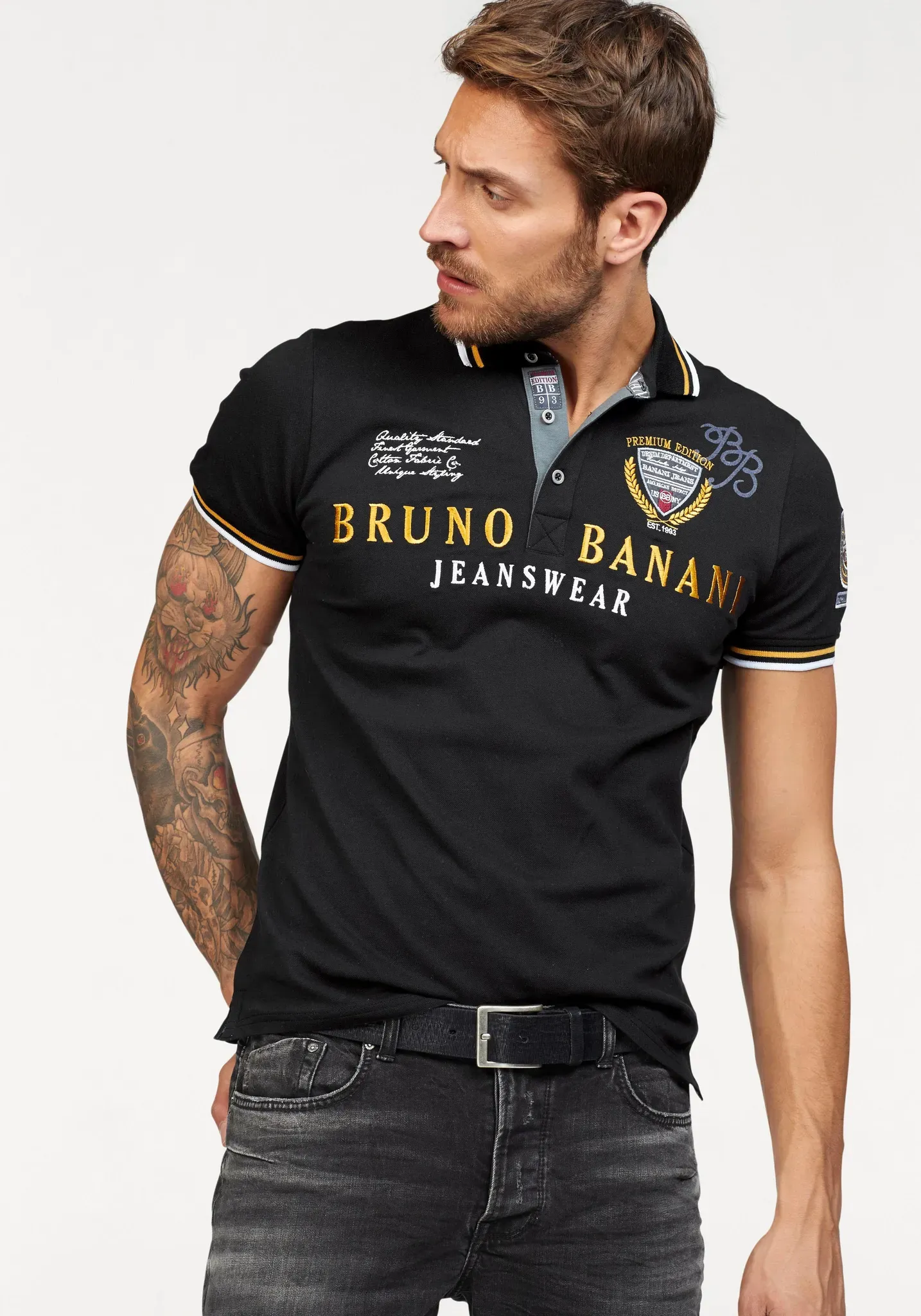Poloshirt BRUNO BANANI, Herren, Gr. L (52/54), schwarz, Piqué, Obermaterial: 95% Baumwolle, 5% Elasthan, bestickt, körpernah, Shirts, körpernahe Passform, mit Stickereien und Badges, Polokragen