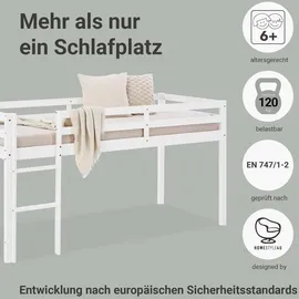 Homestyle4u Hochbett 90 x 200 cm Kiefer massiv weiß grau