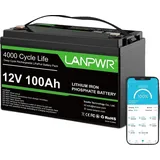 LiFePO4-Batterie, 1280Wh Kapazität, 4000+ Ladezyklen , 12V 100Ah mit Bluetooth