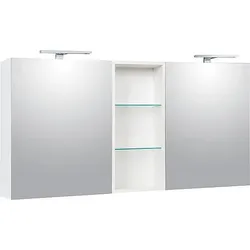 Spiegelschrank Lossa mit LED-Aufsatzleuchten, weiß Hochglanz mit offenem Oberschrank, Breite 1550 mm