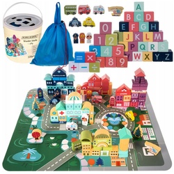 KRUZZEL Spielbauklötze Holzklötze Stadt Autos 100 Blöcke Puzzle mit Puzzlematte Lernspiel