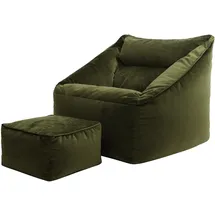 I.C.O.N. Icon Sitzsack Sessel mit Hocker für Erwachsene, Olivgrün, Flauschiger Samtstoff, Riesen Sitzsack Samt mit Füllung, Bean Bag Chair, Bequemer Sessel Wohnzimmer, Lounge, Schlafzimmer, Büro