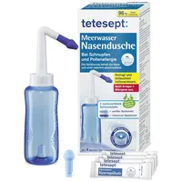 tetesept Meerwasser Nasendusche bei Schnupfen und Pollenallergie – Inkl. 4 Beutel Nasenspülsalz - Zur Nasenspülung mit zwei austauschbaren Aufsätzen auch für Kinder geeignet