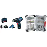 Bosch Professional 12V System Akku Schlagbohrschrauber GSB 12V-15 (inkl. 2x GBA 12V 2.0Ah, GAL 12V-40, Holster, 2x L-BOXX-Einlage) + 43x Extra Hard Schrauberbit-Set, 43‐tlg. (197 x 110,5 mm, Zubehör)