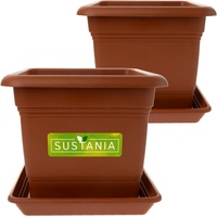 SUSTANIA Pflanzkübel Pflanzkübel Eckig 28x28 Terracotta 2er Set inkl. Untersetzer, Pflanztöpfe Kunststoff für Garten & Balkon braun