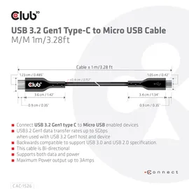 Club 3D USB 3.2 Gen1 Typ-C auf Micro USB Kabel 1m St./St. schwarz