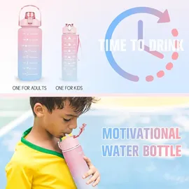 luxuskollektion 2er Pack Trinkflasche BPA-frei mit Zeitmarkierung & Strohhalm