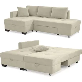 luma-home Ecksofa Schwenkfunktion Doppelbett, Schlafcouch Bettkasten, Cordbezug Beige Grau / 15215 - Beige/Grau
