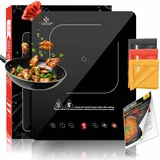 KESSER® Induktionskochplatte Induktionskochfeld 1 Platte 2100W Tragbares 28cm Kochplatte + 3x Mikrofasertuch + 1x Rezeptbuch, 9 Heizstufen, 8-Stunden-Timer, Touch-Steuerung, Booster-Funktion 220-240V