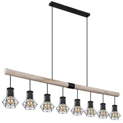 Hängeleuchte Holzbalken Pendelleuchte Käfigschirme schwarz Esszimmerleuchte Holz, Metall, 8x E27 Fassung, LxBxH 140x13,3x120 cm