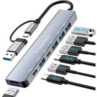 USB Hub 3.0, 7 in 1 USB C Hub Multiport Adapter mit 1*USB 3.0, 4*USB 2.0, 2*USB-C, 5 Gbit/s Hochgeschwindigkeit, USB C Splitter aus Aluminium für MacBook/Surface/XPS/PC/PS5/PS4/Laptops/Tablet etc.