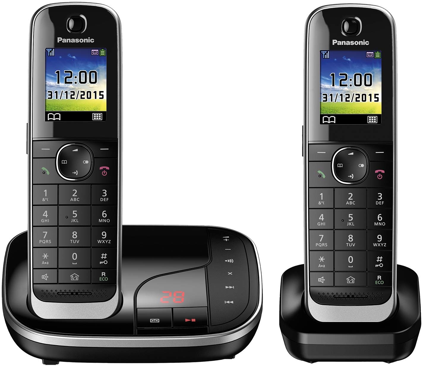 Panasonic KX-TGJ322GB Familien-Telefon mit Anrufbeantworter (schnurloses Telefon DUO, Mobilteil, strahlungsarm, Anrufschutz, DECT Basistation) schwarz