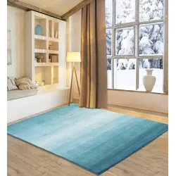 Wollteppich MY HOME "Lessach", blau (türkis), B:190cm H:14mm L:290cm, Schurwolle, Teppiche, Handweb Teppich, mit modernem Farbverlauf, reine Wolle, handgewebt