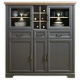 Stella Trading JASMIN Highboard in Artisan Eiche Optik, Graphit - Wohnzimmerschrank mit Schubladen und LED-Beleuchtung im Landhausstil - 143 x 150 x 42 cm (B/H/T)