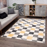 Carpet City Teppich Shaggy Hochflor & Karo-Muster 140x200 cm Creme grau Gelb - Teppiche Kariert Wohnzimmer