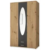 SchlafKONTOR Kleiderschrank mit Spiegeltür in Artisan Eiche Graphit - Vielseitiger Drehtürenschrank 3-türig für Ihr Schlafzimmer - 120 x 195 x 55 cm (B/H/T)