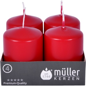 Müller Kerzen Stumpenkerze, karminrot, Hochwertige Stumpenkerze mit gleichmäßigen Abbrand, 1 Packung = 4 Stück, (Ø x H): 48 x 62 mm