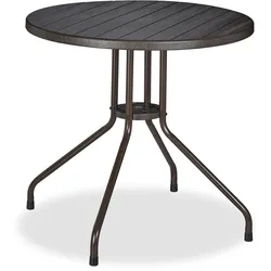 Relaxdays Gartentisch, Holz-Optik, runder Outdoortisch, Kunststoff, Metall, robust, Balkontisch, HxD: 75 x 80 cm, braun