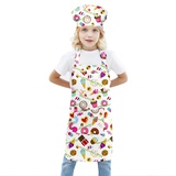BIGHAS Kinderschürze Kochmütze Verstellbarer Nackenriemen Klettverschluss Design Bund zum Backen, Malen, Kochen (Weiß-Dessert, (3'11"-4'7") M)