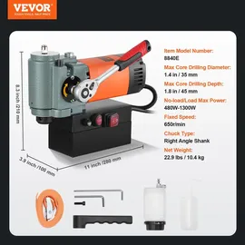 Vevor Magnetbohrmaschine, Kernbohrmaschine 1300 W, flache tragbare Magnetbohrmaschine mit Kühlvorrichtung und Überlastschutz, Magnetpresse für Geräteinstallation, Industrie, Metallbearbeitung, Orange