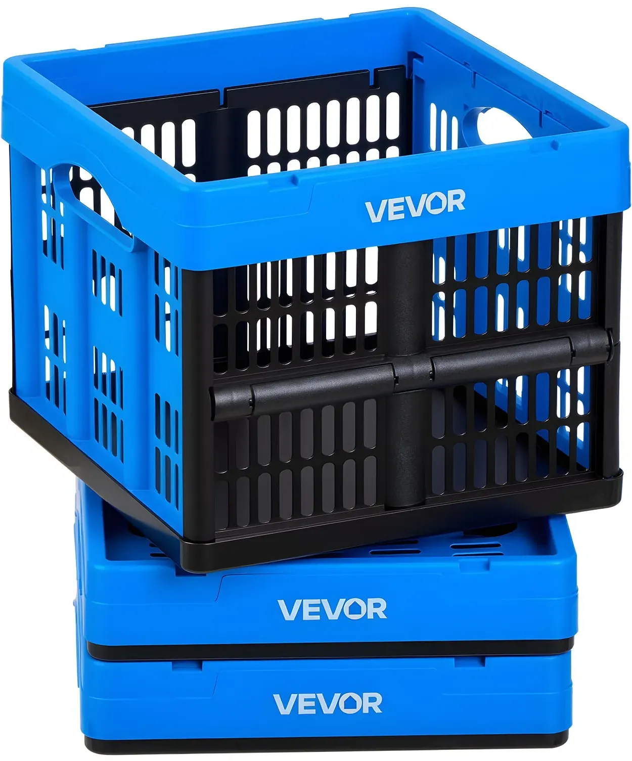 VEVOR Klappbox 25 L 3er-Pack, Faltbare Aufbewahrungsboxen aus Kunststoff, Stapelbare Klappkörbe mit Griffen, Tragkraft 10 kg pro Box, Klappkiste, Ideal für Haushaltsorganisation, Blau & Schwarz