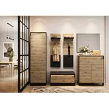 Compleo Garderoben-Set LIMA (Schrank, Schuhschrank, 2x Kleiderbügel, Spiegel, Kommode), Modern Set mit LED-Beleuchtung beige|schwarz