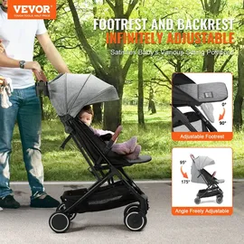 Vevor Kinderwagen 71 x 44 x 107cm, mit 95°-175° verstellbarer Rückenlehne und 0/90° verstellbarer Fußstütze und Ein-Klick-Faltfunktion, Kinderbuggy mit Getränkehalter und Tragetasche, Dunkelgrau