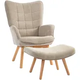 Akzentsessel Mit Hocker, Relaxsessel In Cord-optik, Armlehnstuhl Mit Holzbeinen, Für Wohnzimmer, Hellbraun