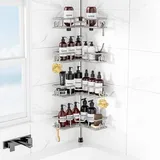 HAMITOR Duschablage Ohne Bohren: Teleskop-Eckregal Bad Ideal Für Kleine Bäder & Mieter – 4stufiges Rostfreies Metallregal Mit Große Kapazität Für Ganze Familie – Längenverstellbar 119-312cm,Silbergrau