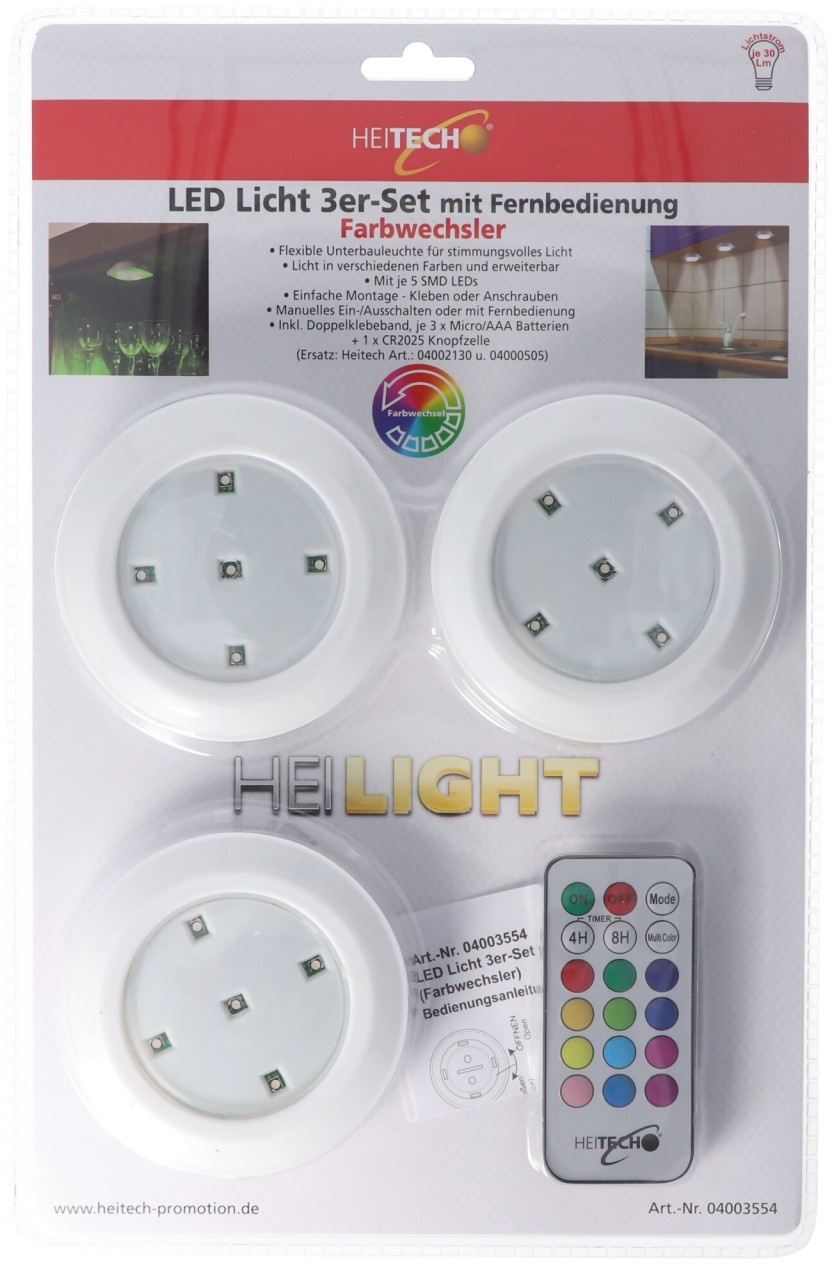 LED Licht 3er-Set mit Fernbedienung, flexible Unterbauleuchte mit Licht in verschiedenen Farben, inklusive 3x AAA Batterien und 1x CR2025 Batterie