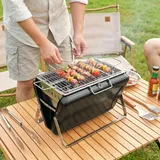 Holzkohlegrill Aus Edelstahl Bbq Smoker Mit Grillrost Griff Klappbaren Beinen Für Barbeque Camping 40x28x25,5cm Schwarz