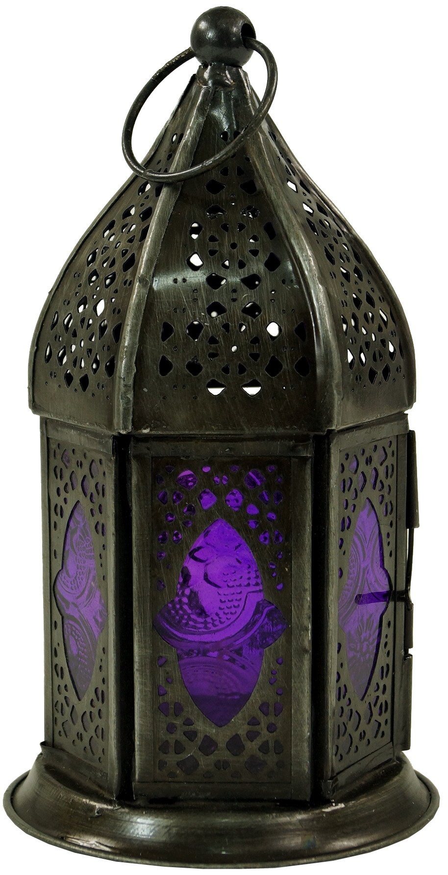 GURU SHOP Orientalische Metall/Glas Laterne in Marrokanischem Design, Windlicht, Lila, Farbe: Lila, 18x7x7 cm, Orientalische Laternen