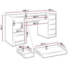 Mirjan24 Schreibtisch Weiß, Weiß Hochglanz, 9 Schubladen, Rechteckig,Rechteckig, 154x76x55 cm, Arbeitszimmer, Schreibtische, Bürotische