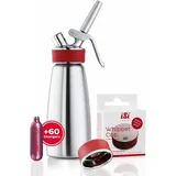 iSi Sahnesyphon Gourmet Whip 0,5 L + 60 Kapseln + Verschlusskappe, Edelstahl, (Spar-Set, 62-tlg) Mit 60 Sahnekapseln, Für kalte und warme Gerichte, Viele Anwendungen silberfarben