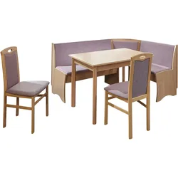 Truhen-Eckbankgruppe, Buche Natur Dekor; Eckbank, 2 Stühle + Vierfußtisch; Flachgewebe rosa