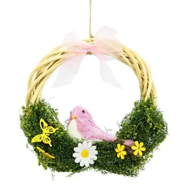 I.GE.A. Kunstkranz Mit Blüten, Vogel und Schleife, I.GE.A., Höhe 20 cm, aus Rattan, Türkranz rosa