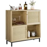 GarveeMore Beistellschrank Buffetschrank mit Stauraum, Rattan-Sideboard, Schiebetür 3 Ebenen, Schrank, mit Türen im Rattan-Look,101*30*94cm beige