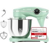 KLAMER Küchenmaschine 1800W, Knetmaschine Brotteig mit Edelstahl-Rührschüssel 6 L, 10 Stufen mit Timer, Planetenrührwerk, Rührbesen, Knethaken, Schneebesen & Sichtdeckel (mint)