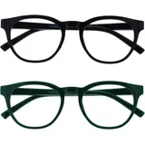 OPULIZE BLU Blaulichtfilter Lesebrille für Damen Herren, Blendfreie UV400-Schutz Federscharnier Anti-Müdigkeit, Runder Rahmen, Computerbrillen Gaming, 2er-Pack Schwarz Grün +1,00
