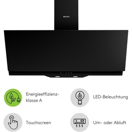 Wiggo Dunstabzugshaube 90cm kopffrei I Abluft Umluft Dunstabzug 626m3/h - Touch-Display 4 Stufen I Energieeffizienzklasse A Schräghaube ... - Schwarz