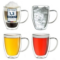 Creano doppelwandiges Thermoglas mit Henkel 250ml, großes Doppelwandglas aus Borosilikatglas, Kaffeegläser, Teegläser, 4er Set