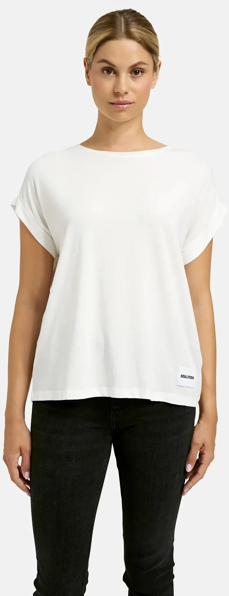 T-Shirt SMITH & SOUL, Damen, Gr. S, weiß, Single Jersey, Obermaterial: 46% Baumwolle, 46% Lyocell, 8% Elasthan, unifarben, normal, Rundhals, Umschlagsaum, Shirts T-Shirt, mit Umschlagsaum, Rundhalsform