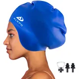 Alepo Extra Large Badekappe Damen Herren, Schwimmkappe Lange Haare Langlebige Silikon mit Ohrschutz, Unisex-Erwachsene Badehaube Bademütze für Dreadlocks Haarverlängerungen Afro Haarwebart(Blau)