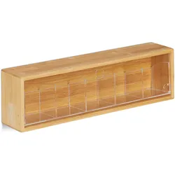 Relaxdays Teebox Bambus, 5 Fächer für 50 Teebeutel, mit Kippdeckel, zum Aufhängen, Aromaschutz, HBT 11,5x39x8 cm, natur